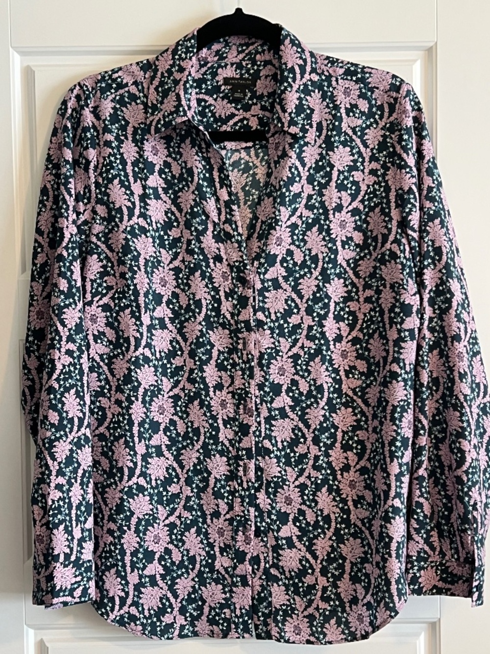 Ann Taylor Pink & Green Floral Damask Button Down Blouse Size M